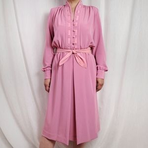 Vtg 80s Lilli Ann Pink Long Sleeve Shirt Dress